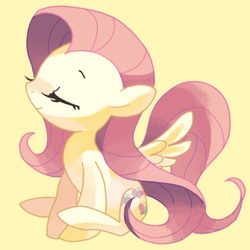 Size: 500x500 | Tagged: safe, artist:mutagorou0w0, fluttershy, pegasus, pony, g4, cute, eyes closed, female, mare, shyabetes, simple background, sitting, smiling, solo, yellow background