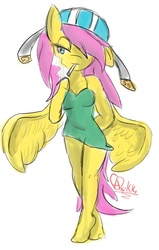 Size: 692x1089 | Tagged: safe, artist:asikku, fluttershy, anthro, plantigrade anthro, g4, arm hooves, barefoot, breasts, cigarette, clothes, dress, feet, feet and forehooves, female, lidded eyes, simple background, smoking, solo, white background