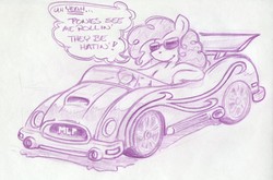 Size: 1054x694 | Tagged: safe, artist:trollie trollenberg, pinkie pie, earth pony, semi-anthro, g4, car, female, monochrome, solo, sunglasses, traditional art