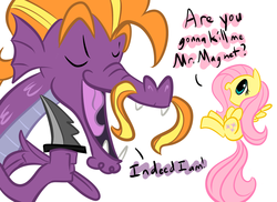 Size: 2338x1700 | Tagged: safe, artist:tess, fluttershy, steven magnet, pegasus, pony, g4, duo, female, imminent murder, irrational exuberance, knife, male, mare, simple background, smiling, white background