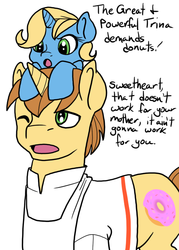 Size: 500x700 | Tagged: safe, artist:burningash, donut joe, oc, oc:trina, pony, unicorn, g4, :o, child, father and daughter, female, filly, male, offspring, open mouth, parent:donut joe, parent:trixie, parents:donutrix, ponies riding ponies, pony hat, riding, simple background, stallion, white background, wink