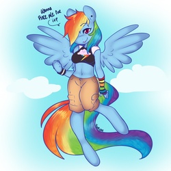 Size: 1024x1024 | Tagged: safe, artist:yuuri, rainbow dash, anthro, unguligrade anthro, g4, belly button, female, flying, hair over one eye, midriff, sky, solo