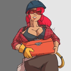 Size: 860x859 | Tagged: safe, artist:moronsonofboron, apple bloom, human, g4, big breasts, breasts, busty apple bloom, crossover, engie bloom, engineer, engineer (tf2), female, huge breasts, humanized, older, solo, team fortress 2, toolbox