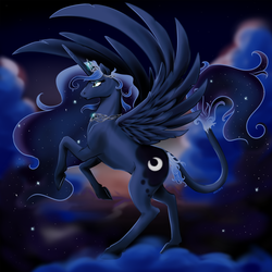 Size: 1814x1814 | Tagged: safe, artist:starkindlerstudio, princess luna, alicorn, classical unicorn, pony, g4, female, horn, leonine tail, mare, night, rearing, sky, solo