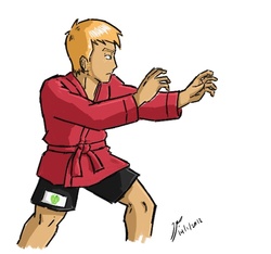 Size: 748x700 | Tagged: safe, artist:netcyber, big macintosh, human, g4, 2010s, 2012, clothes, determined, freckles, gym shorts, humanized, male, martial arts, my little asskicker, red belt, robe, sambo, serious, shorts, simple background, solo, sports shorts, white background