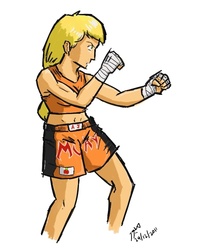 Size: 672x754 | Tagged: safe, artist:netcyber, applejack, human, g4, 2010s, 2011, bandage, blonde hair, bra, clothes, determined, exercise, female, green eyes, hatless, humanized, kickboxing, martial arts, missing accessory, my little asskicker, serious, shorts, simple background, solo, sports bra, sports shorts, tank top, tomboy, white background, workout
