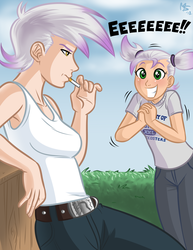 Size: 2975x3850 | Tagged: safe, artist:megasweet, gilda, oc, oc:grizelda, human, g4, cigarette, duo, duo female, eeee, female, frown, glare, grin, high res, humanized, leaning, smiling, squee, unamused