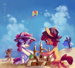 Size: 4023x3650 | Tagged: safe, artist:holivi, apple bloom, princess luna, scootaloo, sweetie belle, alicorn, earth pony, pegasus, pony, unicorn, g4, beach, butt, cutie mark crusaders, female, filly, foal, hat, kite, mare, plot, sandcastle, smiling