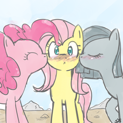 Size: 900x900 | Tagged: safe, artist:speccysy, fluttershy, marble pie, pinkie pie, earth pony, pegasus, pony, g4, blushing, cheek kiss, female, kiss sandwich, kissing, lesbian, mare, pie sisters, ship:flutterpie, ship:marbleshy, shipping