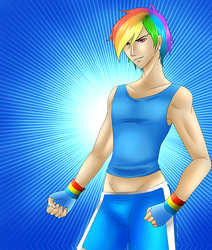 Size: 500x591 | Tagged: safe, artist:animecreator, rainbow dash, human, ask a bishonen pony, g4, abstract background, clothes, fingerless gloves, gloves, humanized, male, rainbow blitz, rule 63, solo, wristband