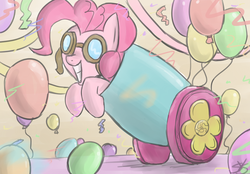 Size: 900x628 | Tagged: safe, artist:speccysy, pinkie pie, earth pony, pony, g4, balloon, confetti, female, goggles, grin, mare, party, party cannon, pony cannonball, smiling, solo