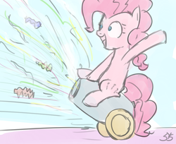 Size: 900x736 | Tagged: dead source, safe, artist:speccysy, pinkie pie, earth pony, pony, g4, cannon, confetti, female, mare, party cannon, sitting, solo