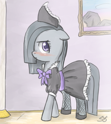 Size: 900x1000 | Tagged: safe, artist:speccysy, marble pie, earth pony, pony, g4, blushing, clothes, cute, dress, female, fishnet stockings, floppy ears, looking at you, made in japan 2012, maid, marblebetes, mare, pantyhose, shoes, shy, solo, unamused
