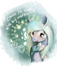 Size: 600x755 | Tagged: safe, derpy hooves, pegasus, pony, g4, alternate hairstyle, crossover, female, lady gaga, mare, muffin, poker face (song), solo, song reference