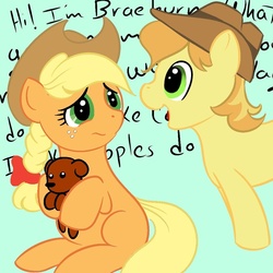 Size: 1000x1000 | Tagged: safe, artist:kloudmutt, applejack, braeburn, winona, dog, earth pony, pony, g4, colt, female, filly, foal, male, nervous, puppy, sitting, text, younger