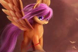 Size: 1920x1280 | Tagged: safe, artist:ajvl, scootaloo, pegasus, pony, g4, alternate hairstyle, female, filly, large wings, solo, windswept mane