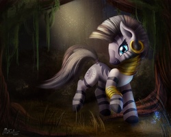 Size: 2000x1600 | Tagged: safe, artist:ajvl, zecora, pony, zebra, g4, ear piercing, earring, everfree forest, female, forest, jewelry, piercing, quadrupedal, solo, tree