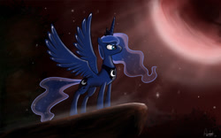 Size: 1280x800 | Tagged: safe, artist:ajvl, princess luna, alicorn, pony, g4, cliff, female, mare, moon, night, solo, spread wings, wings