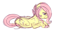 Size: 500x255 | Tagged: artist needed, safe, fluttershy, pegasus, pony, g4, female, mare, prone, sad, simple background, solo, teenager, watermark, white background