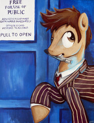 Size: 600x789 | Tagged: safe, artist:milesofcrochet, doctor whooves, time turner, earth pony, pony, g4, clothes, doctor who, male, mouth hold, ponified, solo, sonic screwdriver, stallion, suit, tardis, tenth doctor, the doctor