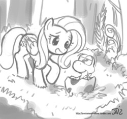 Size: 1280x1200 | Tagged: safe, artist:johnjoseco, fluttershy, pegasus, pony, yoshi, g4, baby yoshi, crossover, cute, derp, duo, egg, female, forest, grayscale, hatching, hatchling, male, mare, mario, monochrome, newborn, nintendo, open mouth, raised hoof, smiling, super mario bros., yoshi egg, yoshi's island