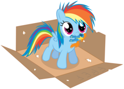Size: 1800x1293 | Tagged: dead source, safe, artist:chubble-munch, rainbow dash, spitfire, pegasus, pony, g4, box, cute, dashabetes, doll, female, filly, filly rainbow dash, foal, mouth hold, plushie, pony in a box, show accurate, simple background, solo, transparent background, weapons-grade cute, younger