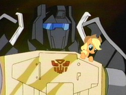 Size: 480x360 | Tagged: safe, applejack, earth pony, pony, g4, duo, female, grimlock, mare, transformers