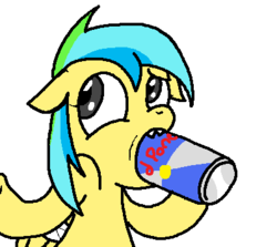 Size: 399x356 | Tagged: artist needed, safe, oc, oc only, oc:aurora, oc:aurora dawn, pegasus, pony, energy drink, female, filly, floppy ears, red bull, simple background, solo, white background