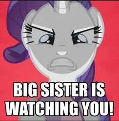 Size: 937x960 | Tagged: safe, edit, edited screencap, screencap, rarity, sweetie belle, pony, unicorn, g4, my little pony: friendship is magic, 1984, angry, female, filly, gritted teeth, mare, parody, solo