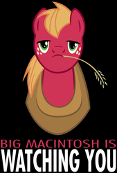 Size: 2025x3000 | Tagged: safe, artist:atomicgreymon, big macintosh, earth pony, pony, g4, 1984, black background, bust, high res, looking at you, male, propaganda, simple background, solo, stallion, straw in mouth