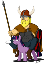 Size: 707x1000 | Tagged: safe, artist:netcyber, twilight sparkle, human, pony, unicorn, g4, ..., duo, female, humans riding ponies, mare, riding, shield, simple background, spear, sweat, transparent background, twilight sparkle is not amused, unamused, viking, weapon
