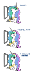 Size: 800x1882 | Tagged: safe, artist:willdrawforfood1, color edit, edit, princess celestia, alicorn, pony, g4, artifact, butthurt, comic, computer, computer reaction faces, eyes closed, female, glare, grin, keyboard, lidded eyes, looking at you, mare, open mouth, reaction image, smelling, smirk, smug, solo, trollestia