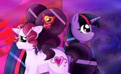 Size: 1200x739 | Tagged: safe, artist:emeraldpony, sweetie belle (g3), twilight sparkle, pony, unicorn, fanfic:lost symphonies, g3, g3.5, g4, cover art, crossover, duo, duo female, fanfic, fanfic art, female, mare