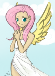 Size: 700x968 | Tagged: safe, artist:johnjoseco, color edit, edit, fluttershy, angel, human, g4, cleavage, clothes, colored, dress, female, humanized, smiling, solo, winged humanization