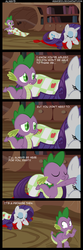 Size: 1112x3333 | Tagged: dead source, safe, artist:veggie55, rarity, spike, dragon, pony, unicorn, g4, blanket, book, bookshelf, comic, female, golden oaks library, interspecies, male, mare, prone, ship:sparity, shipping, show accurate, straight