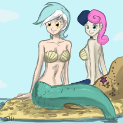 Size: 800x800 | Tagged: safe, artist:johnjoseco, color edit, edit, bon bon, lyra heartstrings, sweetie drops, mermaid, g4, belly button, cleavage, colored, duo, duo female, female, mermaidized, seapony lyra, seashell, seashell bra, sitting, species swap