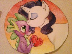 Size: 1024x768 | Tagged: safe, artist:ressq, rarity, spike, dragon, pony, unicorn, g4, female, forehead kiss, interspecies, male, mare, ship:sparity, shipping, spikelove, straight