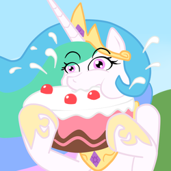 Size: 600x600 | Tagged: safe, artist:khorme, princess celestia, alicorn, pony, g4, cake, cakelestia, eating, female, food, male, mare, nom, solo, stuffing, the simpsons