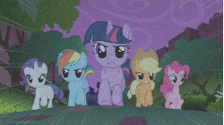 Size: 853x480 | Tagged: safe, screencap, applejack, pinkie pie, rainbow dash, rarity, twilight sparkle, earth pony, pegasus, pony, unicorn, friendship is magic, g4, season 1, animated, bouncing, epic, female, gif, glare, gritted teeth, mare, one of these things is not like the others, pinkie being pinkie, pronking, running, running at you, smiling, speed lines, unicorn twilight