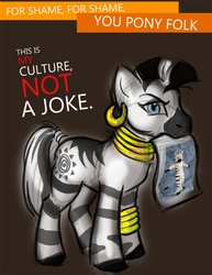 Size: 500x647 | Tagged: safe, zecora, pony, zebra, g4, costume, female, halloween, mare, mouth hold, nightmare night, public service announcement, rhyming, solo, we're a culture not a costume