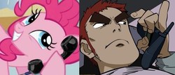 Size: 616x267 | Tagged: safe, pinkie pie, earth pony, pony, g4, amarao, crossover, exploitable meme, eyebrows, female, flcl, mare, meme, phone, phone meme