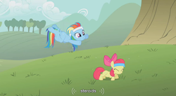 Size: 853x468 | Tagged: safe, edit, edited screencap, screencap, apple bloom, rainbow dash, earth pony, pegasus, pony, call of the cutie, g4, alternate hairstyle, caption, duo, duo female, female, filly, headband, mare, push-ups, youtube caption