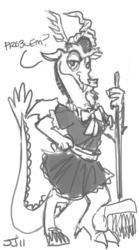 Size: 650x1170 | Tagged: safe, artist:johnjoseco, discord, draconequus, g4, broom, clothes, crossdressing, femboy discord, grayscale, hilarious in hindsight, looking at you, maid, maid discord, male, monochrome, problem, smirk, solo, talking