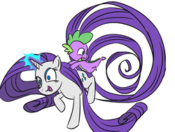 Size: 960x720 | Tagged: safe, artist:py-bun, rarity, spike, dragon, pony, unicorn, g4, dragons riding ponies, duo, female, long mane, long tail, male, mare, no pupils, riding, simple background, spike riding rarity, white background