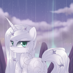 Size: 400x400 | Tagged: dead source, safe, artist:loyaldis, princess silver swirl, pony, unicorn, g2, g4, crying, female, g2 to g4, generation leap, looking back, mare, rain, solo, wet mane