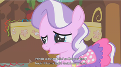 Size: 854x472 | Tagged: safe, screencap, diamond tiara, earth pony, pony, call of the cutie, g4, my little pony: friendship is magic, clothes, dress, female, filly, solo, text, youtube caption