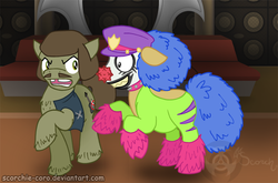 Size: 759x500 | Tagged: safe, artist:scorchie-coro, artist:scorchie-critter, earth pony, pony, clown, dethklok, dethklop, dr rockso, duo, duo male, male, metalocalypse, ponified, stallion, unshorn fetlocks, william murderface