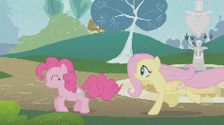 Size: 800x450 | Tagged: safe, screencap, fluttershy, pinkie pie, earth pony, pegasus, pony, dragonshy, g4, season 1, animated, duo, female, gif, mare, pronking, running