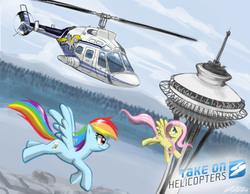 Size: 1389x1080 | Tagged: safe, artist:johnjoseco, derpy hooves, fluttershy, rainbow dash, pegasus, pony, g4, duo, female, flying, helicopter, mare, seattle, space needle