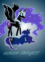 Size: 1308x1800 | Tagged: safe, artist:brookedaninja, nightmare moon, princess luna, alicorn, pony, g4, female, gradient background, mare, prone